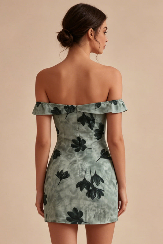 Robe de bal de fin d'année vert moulante courte à fleurs et épaules dénudées