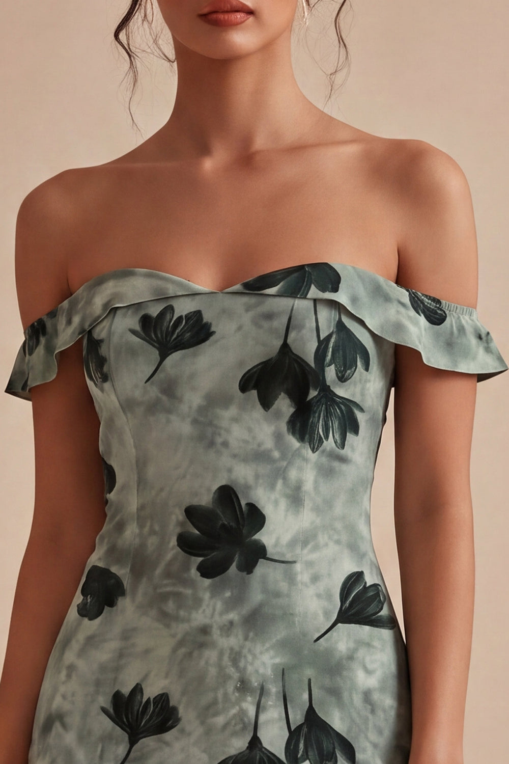 Robe de bal de fin d'année vert moulante courte à fleurs et épaules dénudées