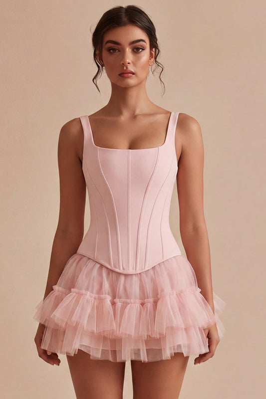 Pink A Line Short Corset Thick Straps Graduation Dress with Ruffles
