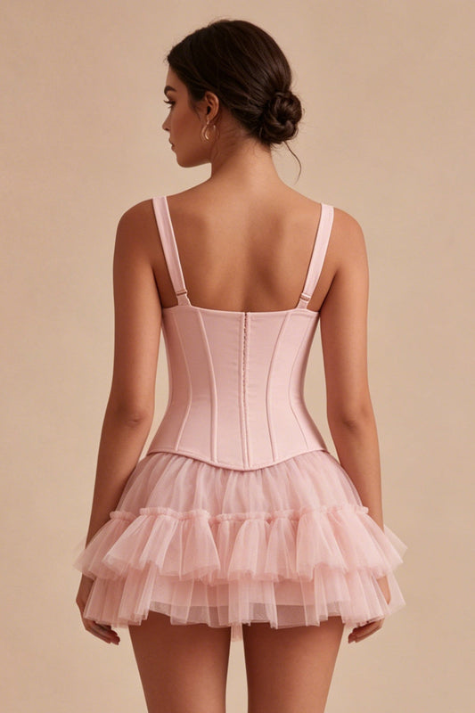Pink A Line Short Corset Thick Straps Graduation Dress with Ruffles