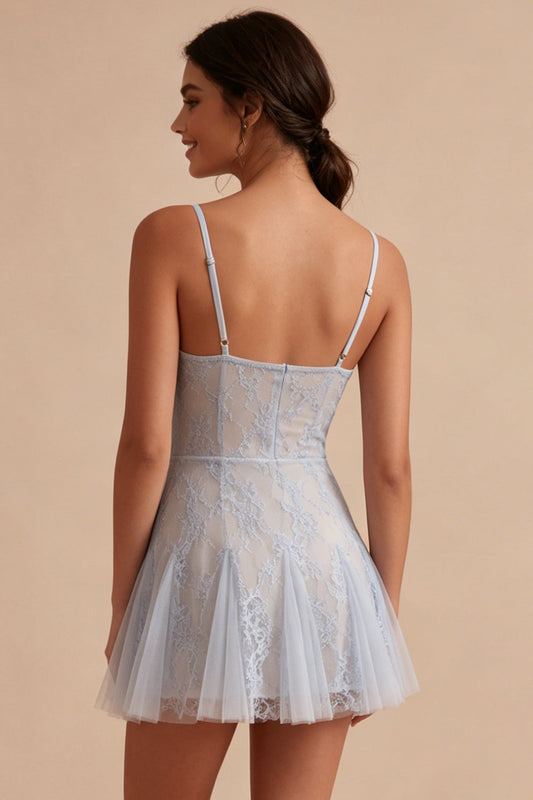 Grey Blue Floral Short Spaghetti Straps A Line Graduation Dress
