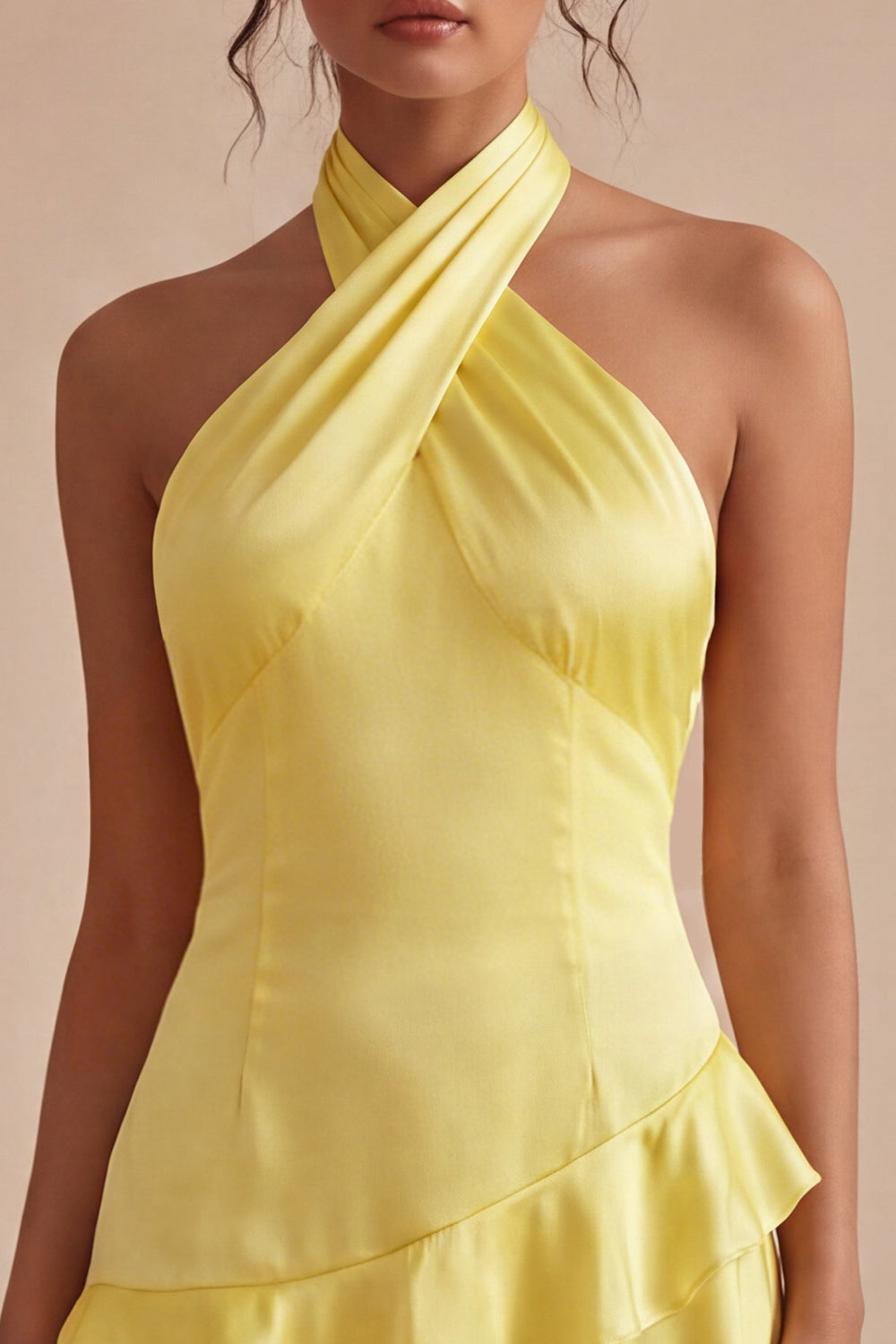 A Line Short Daffodil Halter Backless Graduation Dress with Ruffles