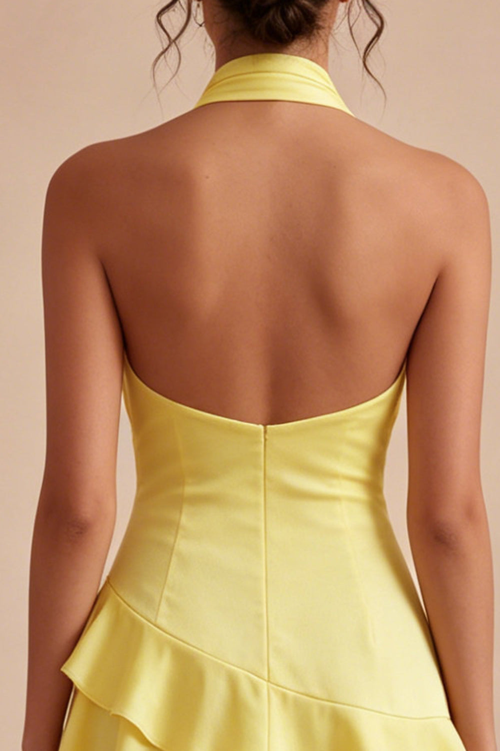 A Line Short Daffodil Halter Backless Graduation Dress with Ruffles