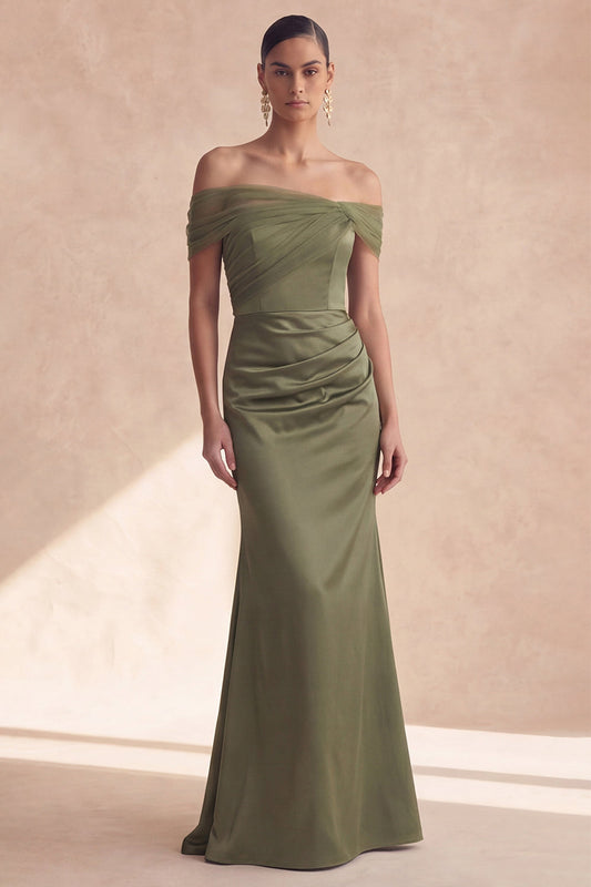 Off The Shoulder Olive Mermaid Ruched Bridesmaid Dress