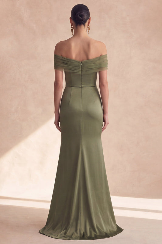 Off The Shoulder Olive Mermaid Ruched Bridesmaid Dress