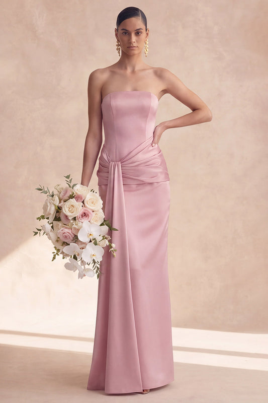 Strapless Dusty Rose Satin Mermaid Bridesmaid Dress with Sash