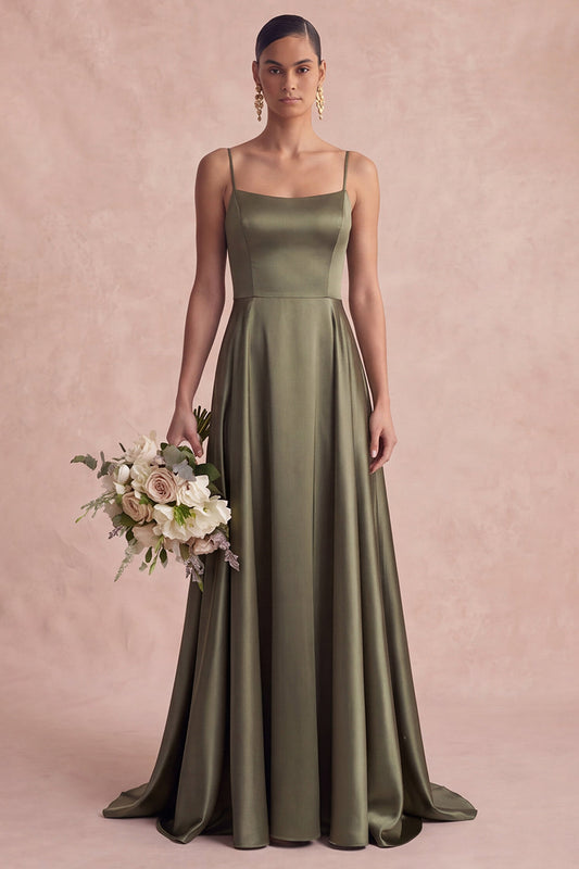 Olive Spaghetti Straps A-Line Satin Long Bridesmaid Dress