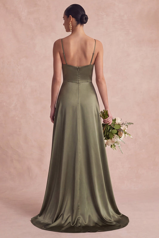 Olive Spaghetti Straps A-Line Satin Long Bridesmaid Dress