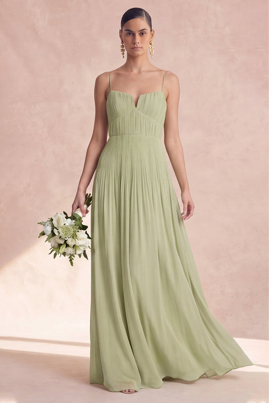 Robe longue de demoiselle d'honneur trapèze à fines bretelles de couleur sauge poussiéreuse