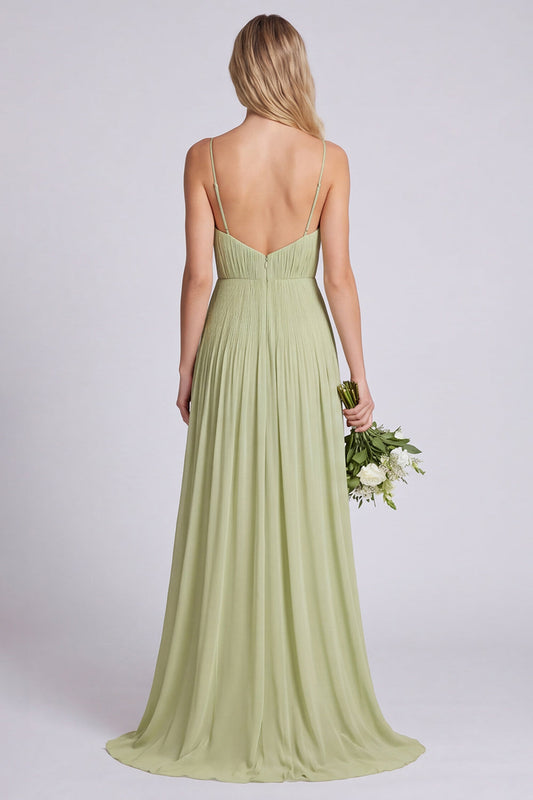 Robe longue de demoiselle d'honneur trapèze à fines bretelles de couleur sauge poussiéreuse