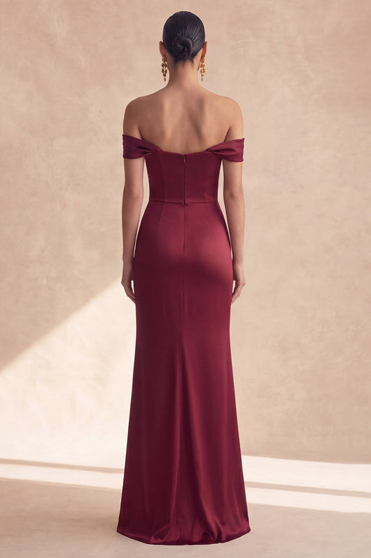 Off the Shoulder Burgundy Mermaid Formal Dress with Slit