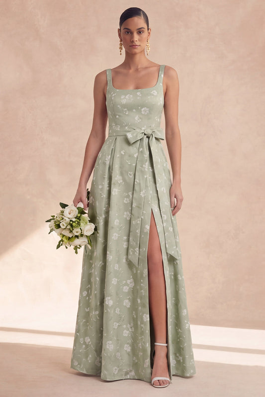 Sage A Line Floral Long Thick Straps Bridesmaid Dress with Bow