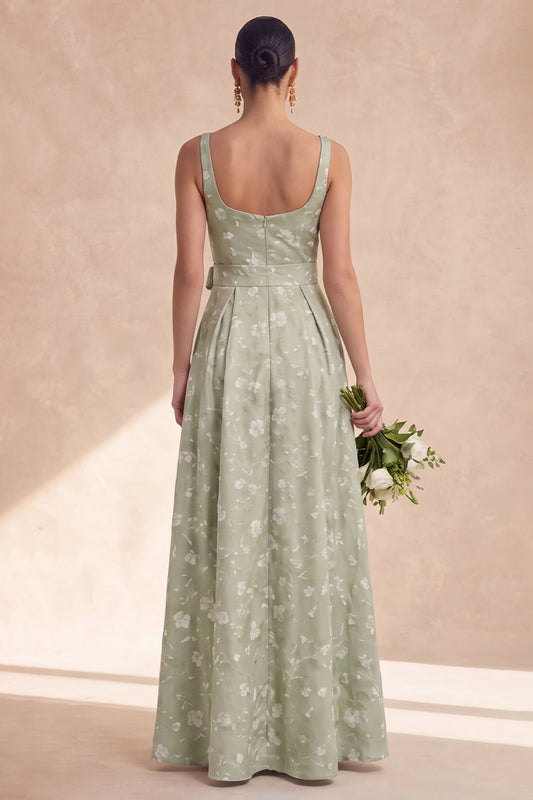 Sage A Line Floral Long Thick Straps Bridesmaid Dress with Bow