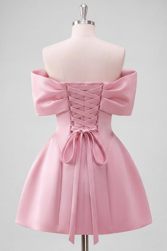 Blush Pink Off the Shoulder A-Line Satin Homecoming Dress with Bow