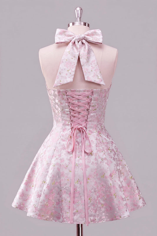 A-Line Pink Halter Neck Jacquard Floral Homecoming Dress with Bow