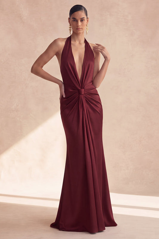 Cabernet Halter Neck Ruched Mermaid Long Formal Dress