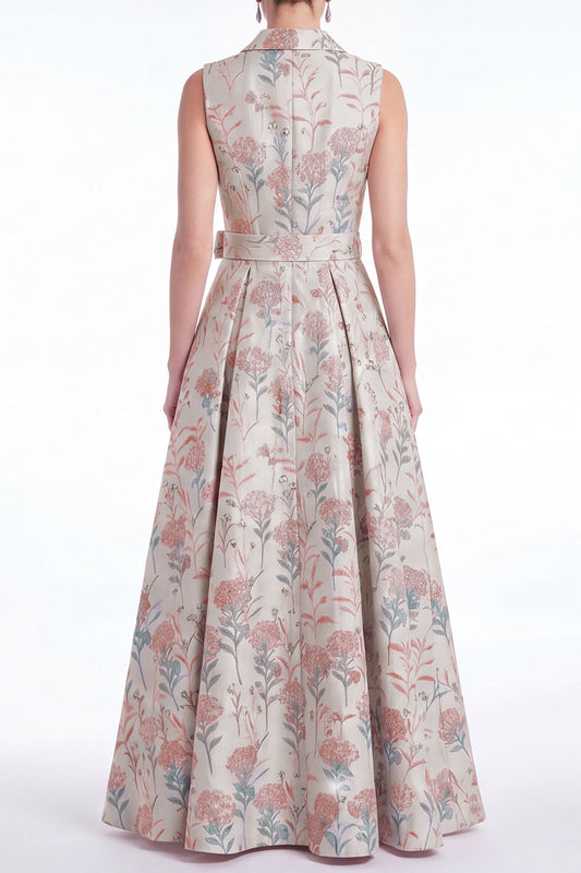 A-Line Pink Flower Notch Lapel Jacquard Long Mother Of the Bride Dress with Belt