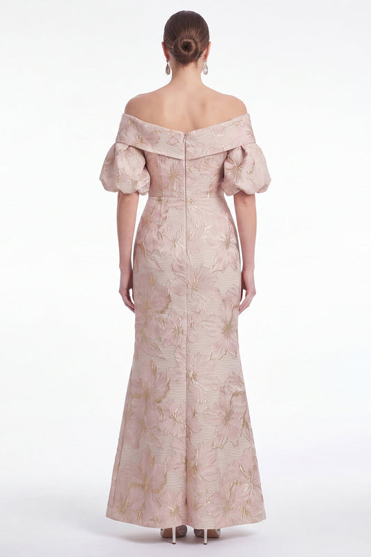 Off the Shoulder Mermaid Pink Flower Jacquard Long Mother Of the Bride Dress