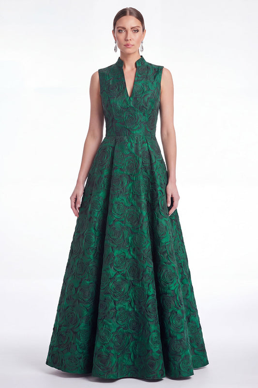 Robe longue trapèze jacquard floral vert col en V pour la mère de la mariée