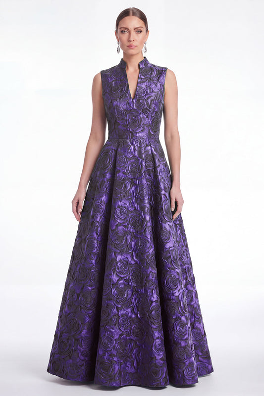 Robe longue trapèze jacquard floral vert col en V pour la mère de la mariée
