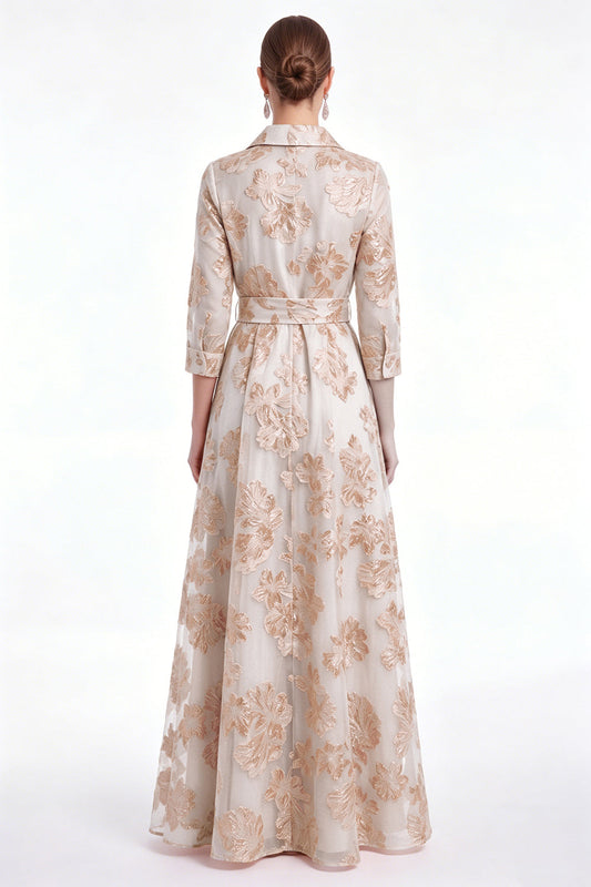 Champagne A-Line Jacquard Long Mother Of the Bride Dress with Belt