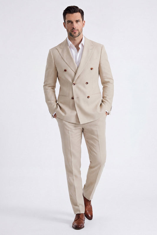 Costume Homme 2 Pièces Croisé Revers Pointus Beige