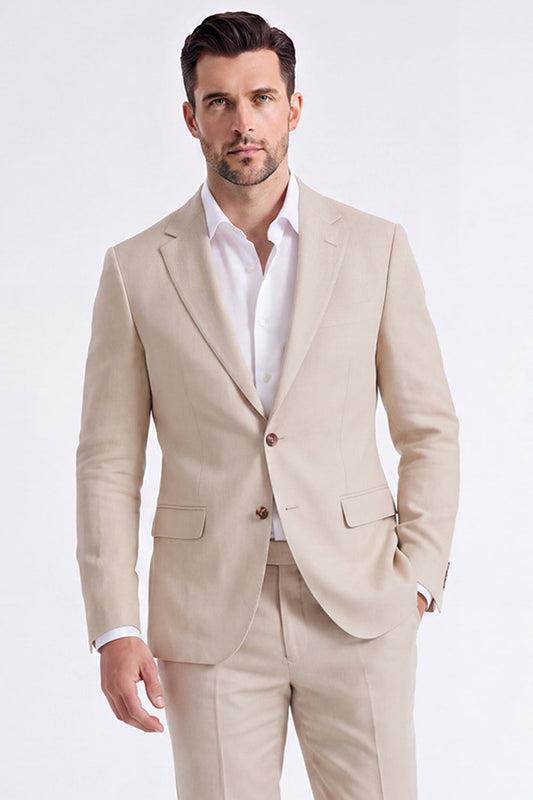 Costume 2 pièces beige homme à revers crantés et simple boutonnage
