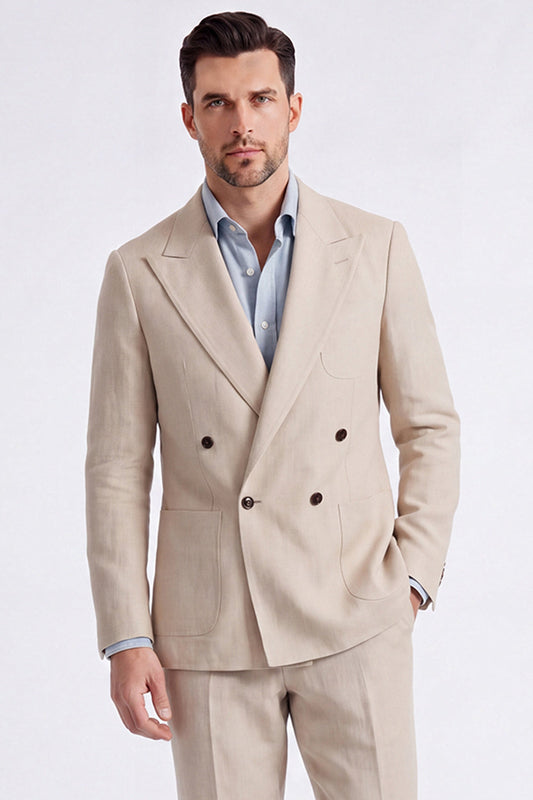 Costume Homme 2 Pièces Croisé Revers Pointus Beige