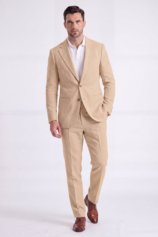 Costume deux pièces homme formel à revers crantés, simple boutonnage, coloris kaki clair