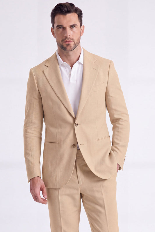 Costume deux pièces homme formel à revers crantés, simple boutonnage, coloris kaki clair