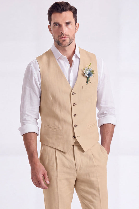 Costume habillé homme 2 pièces beige clair, col en V, simple boutonnage