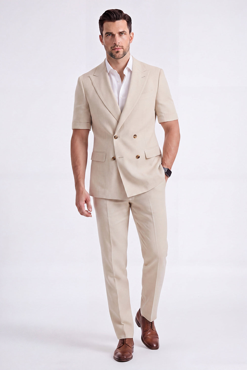 Costume Homme Formel Double Boutonnage Revers Pointe Kaki Clair 2 Pièces avec Manches