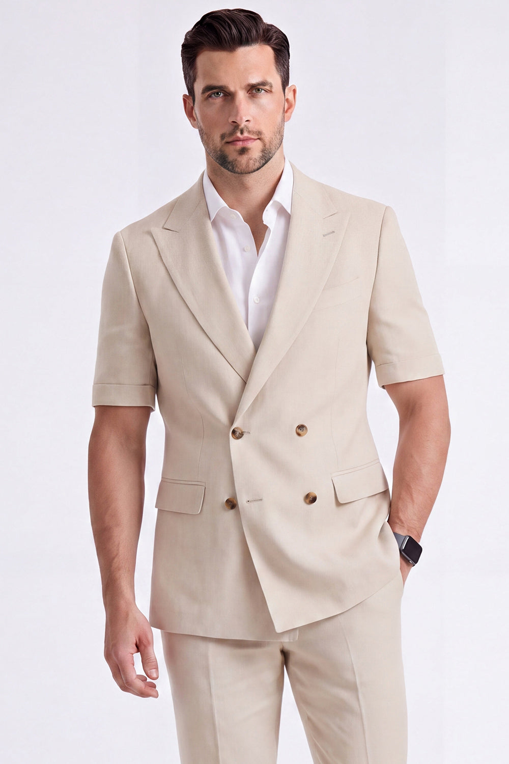 Costume Homme Formel Double Boutonnage Revers Pointe Kaki Clair 2 Pièces avec Manches
