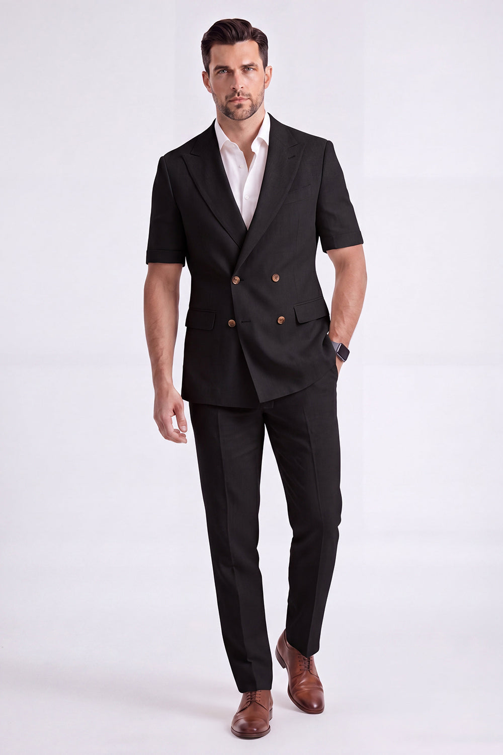 Costume Homme Formel Double Boutonnage Revers Pointe Kaki Clair 2 Pièces avec Manches