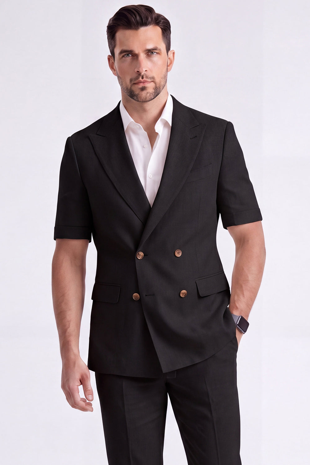 Costume Homme Formel Double Boutonnage Revers Pointe Kaki Clair 2 Pièces avec Manches