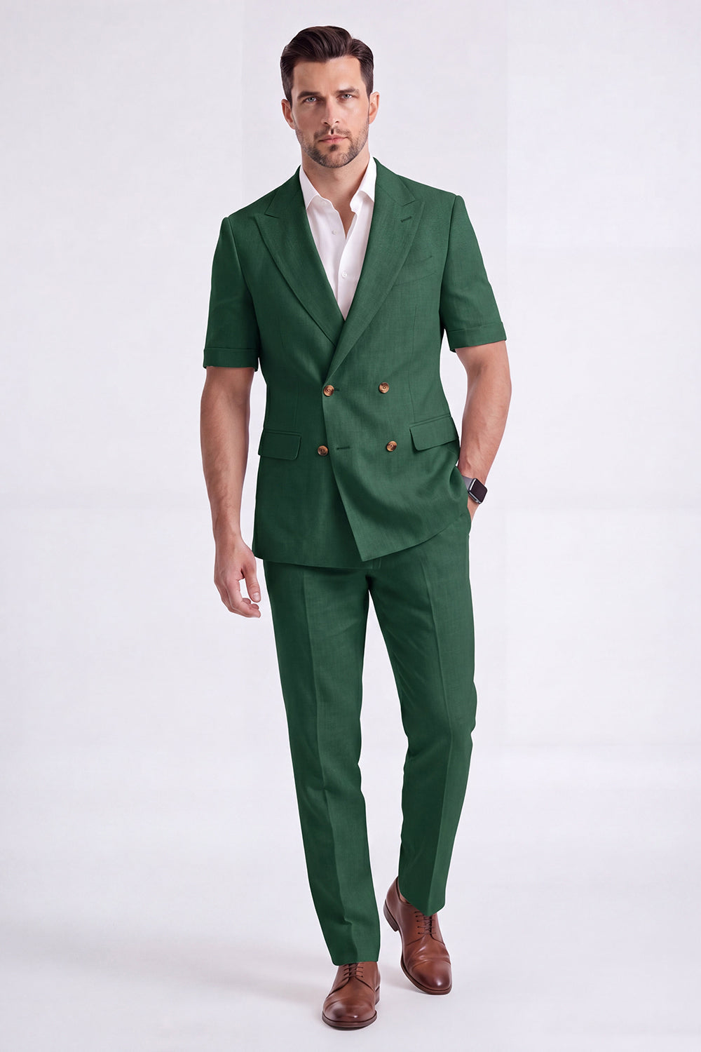 Costume Homme Formel Double Boutonnage Revers Pointe Kaki Clair 2 Pièces avec Manches