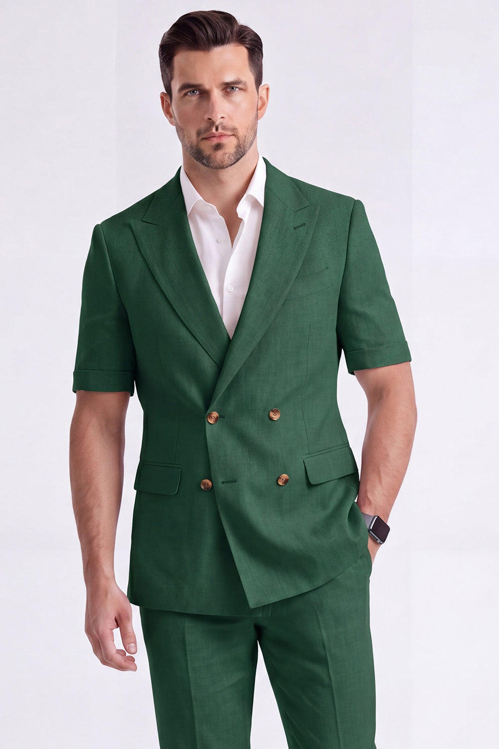 Costume Homme Formel Double Boutonnage Revers Pointe Kaki Clair 2 Pièces avec Manches