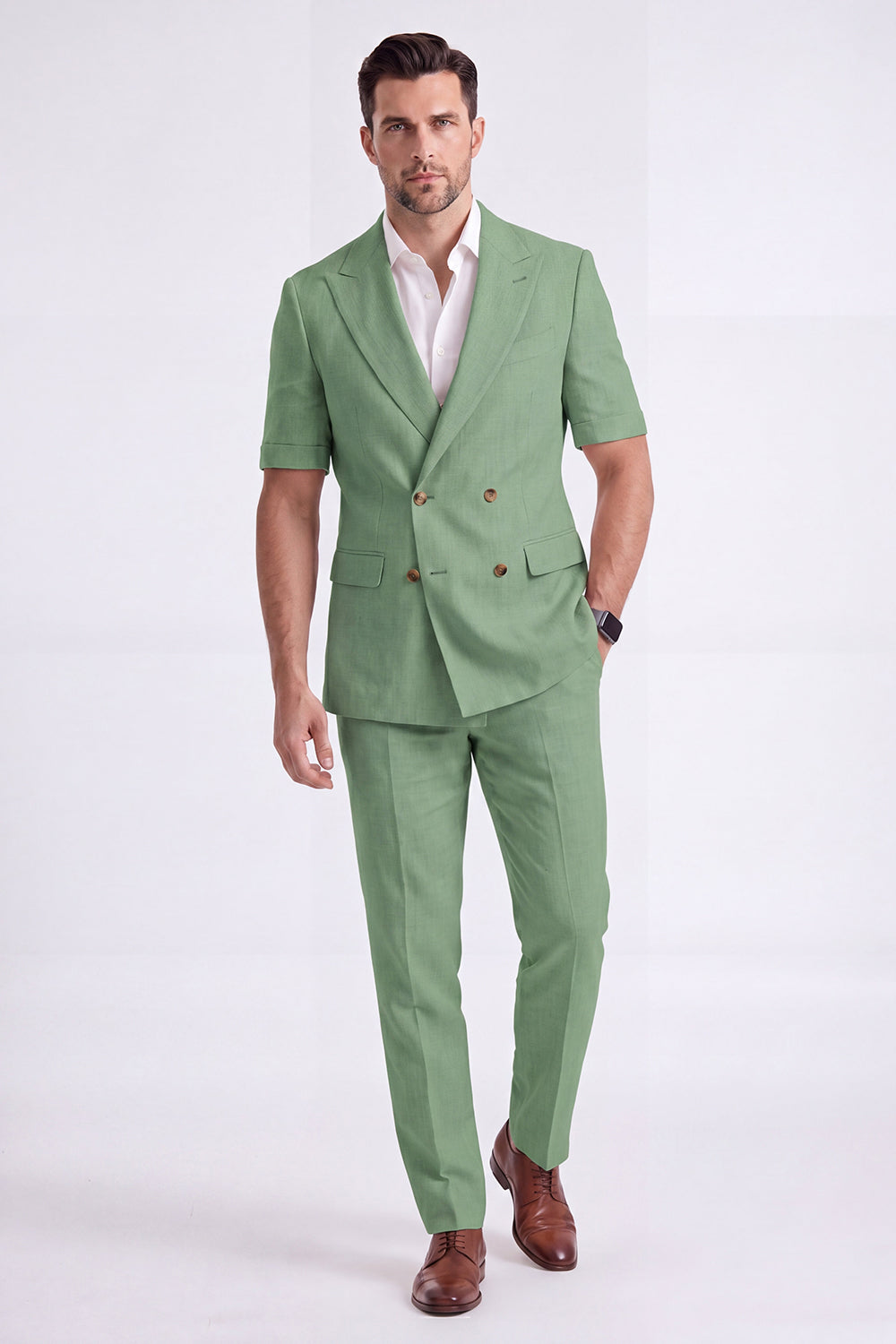 Costume Homme Formel Double Boutonnage Revers Pointe Kaki Clair 2 Pièces avec Manches