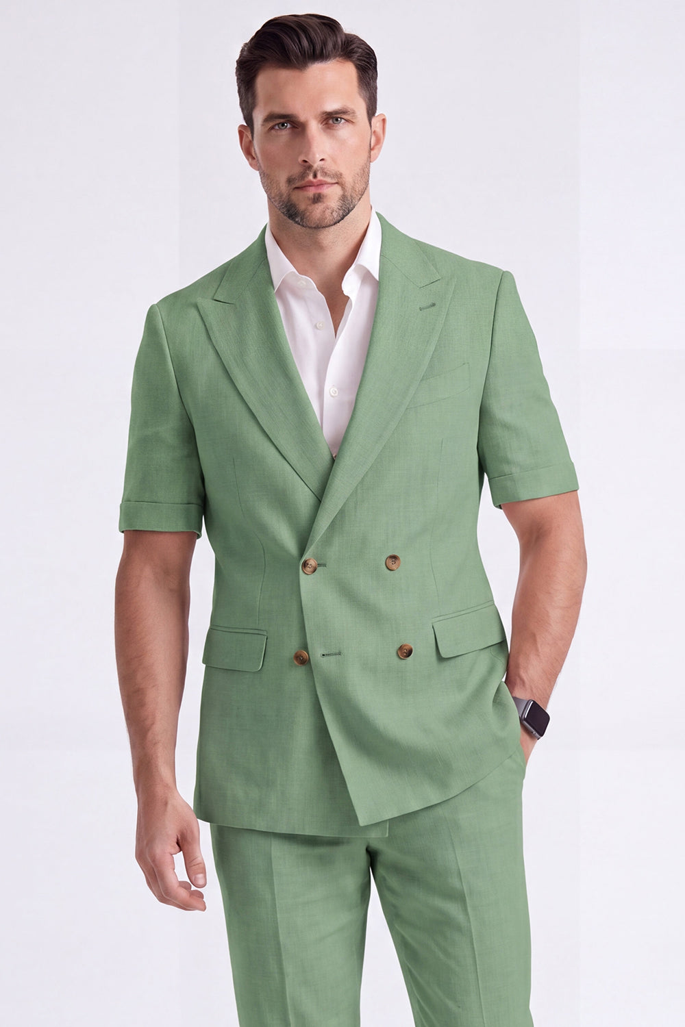 Costume Homme Formel Double Boutonnage Revers Pointe Kaki Clair 2 Pièces avec Manches