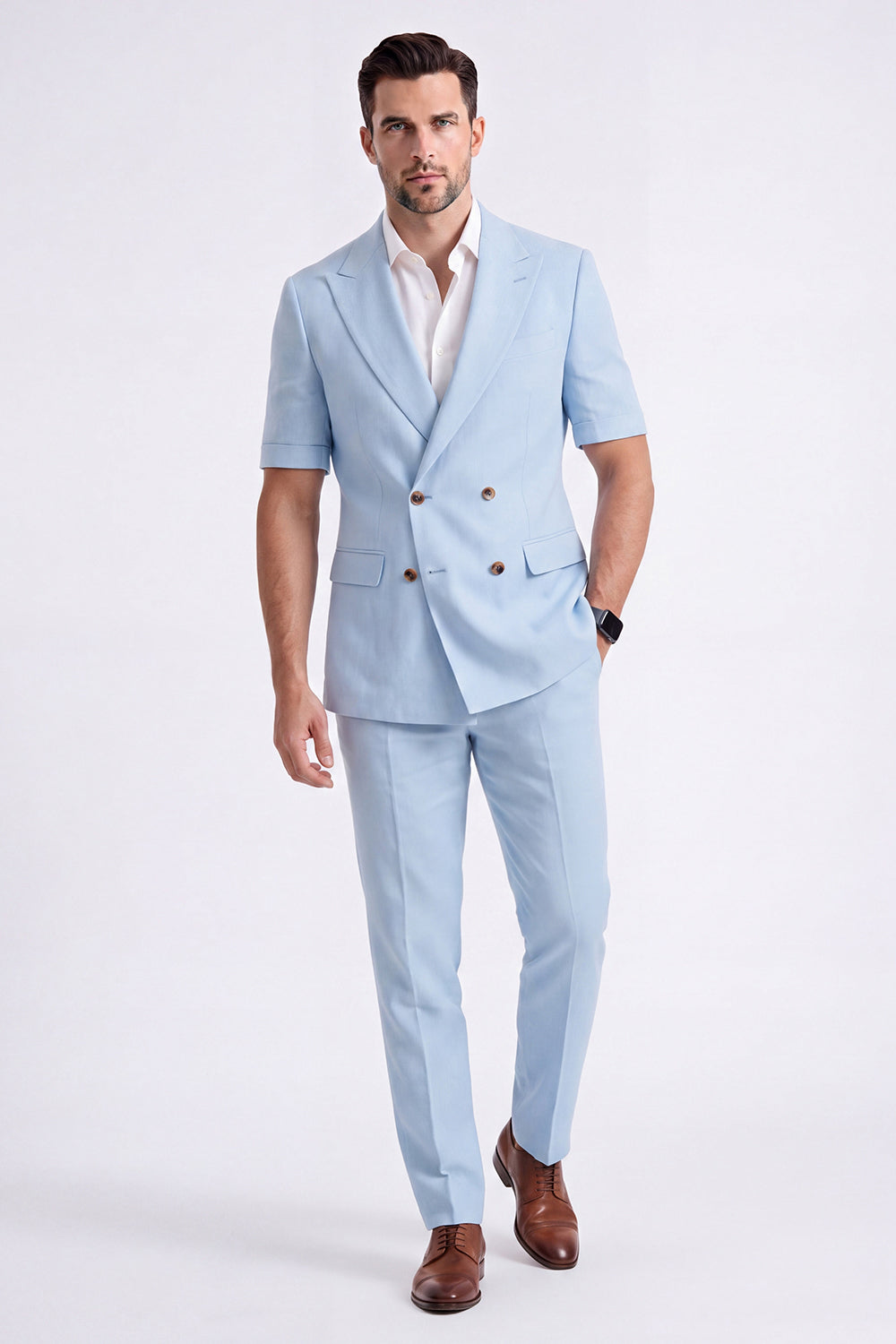 Costume Homme Formel Double Boutonnage Revers Pointe Kaki Clair 2 Pièces avec Manches