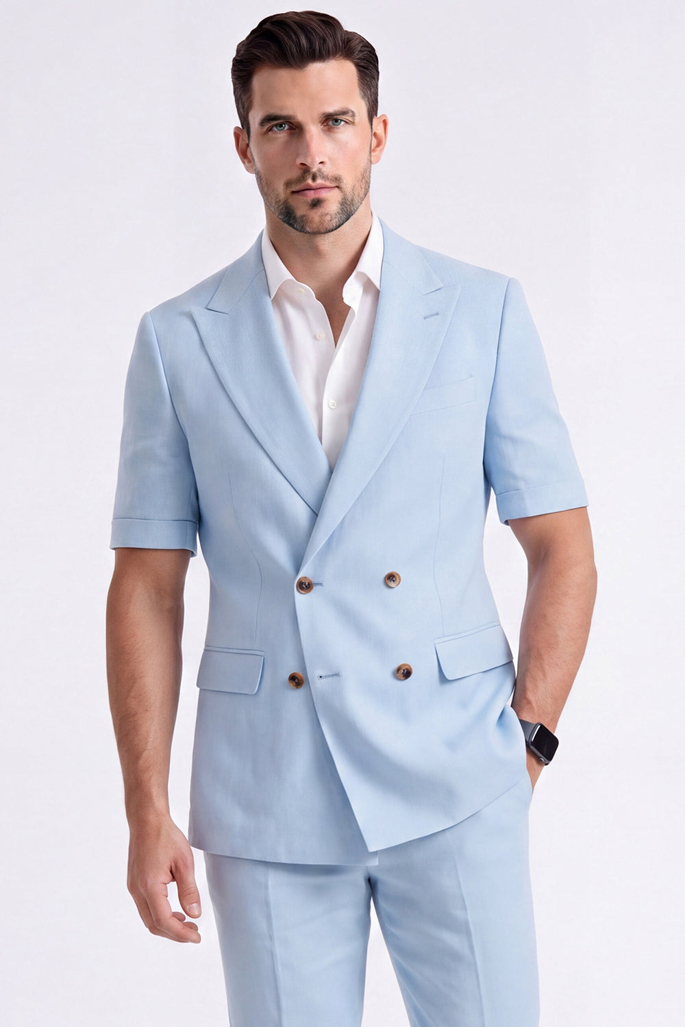Costume Homme Formel Double Boutonnage Revers Pointe Kaki Clair 2 Pièces avec Manches