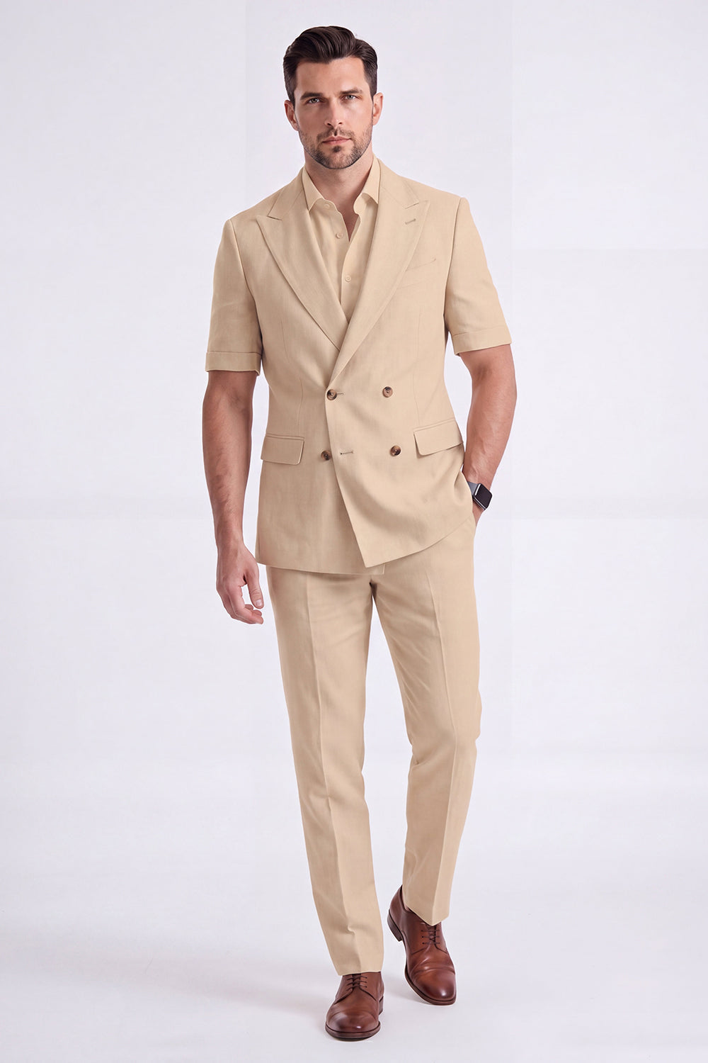 Costume Homme Formel Double Boutonnage Revers Pointe Kaki Clair 2 Pièces avec Manches
