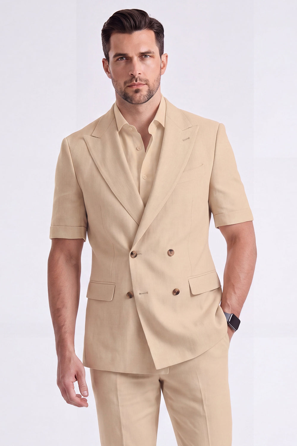 Costume Homme Formel Double Boutonnage Revers Pointe Kaki Clair 2 Pièces avec Manches