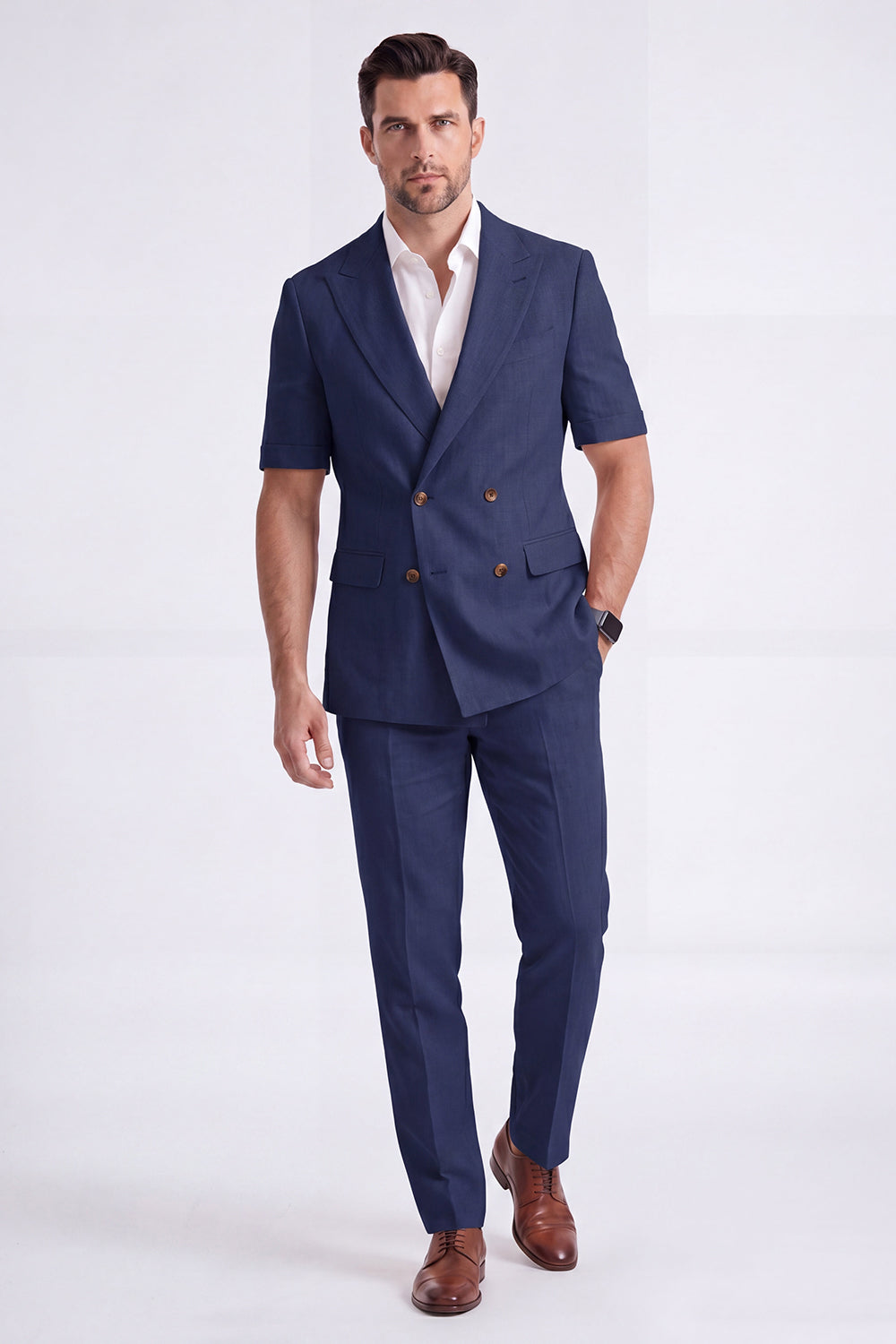 Costume Homme Formel Double Boutonnage Revers Pointe Kaki Clair 2 Pièces avec Manches