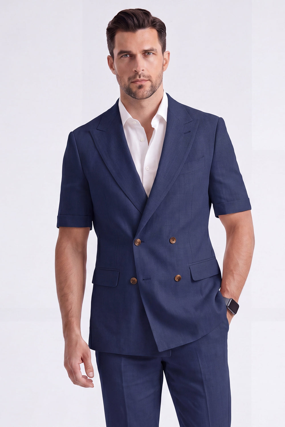 Costume Homme Formel Double Boutonnage Revers Pointe Kaki Clair 2 Pièces avec Manches