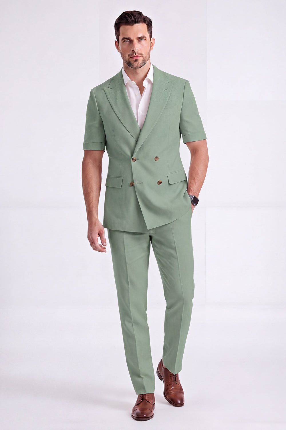 Costume Homme Formel Double Boutonnage Revers Pointe Kaki Clair 2 Pièces avec Manches