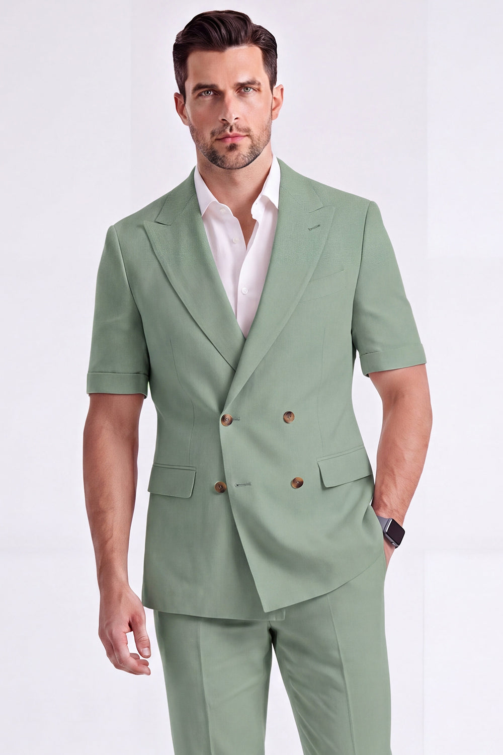 Costume Homme Formel Double Boutonnage Revers Pointe Kaki Clair 2 Pièces avec Manches