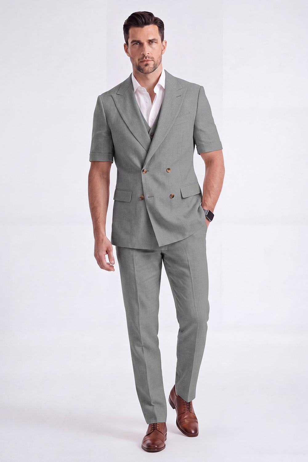 Costume Homme Formel Double Boutonnage Revers Pointe Kaki Clair 2 Pièces avec Manches