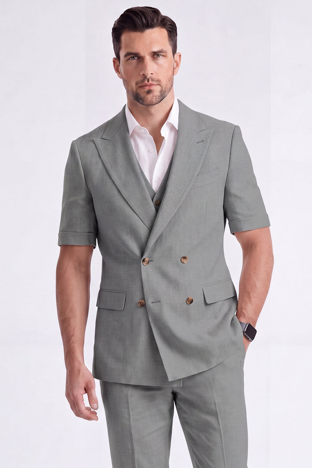 Costume Homme Formel Double Boutonnage Revers Pointe Kaki Clair 2 Pièces avec Manches