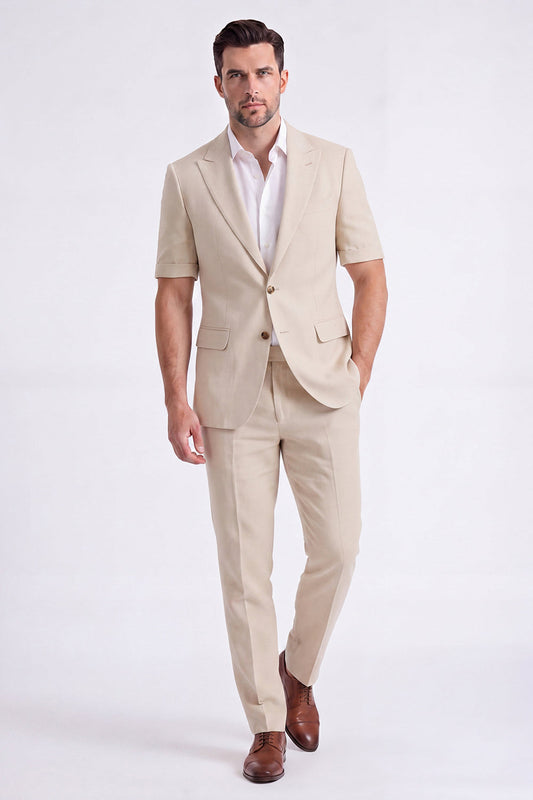 Costume Homme Beige 2 Pièces à Revers Cranté et Simple Boutonnage